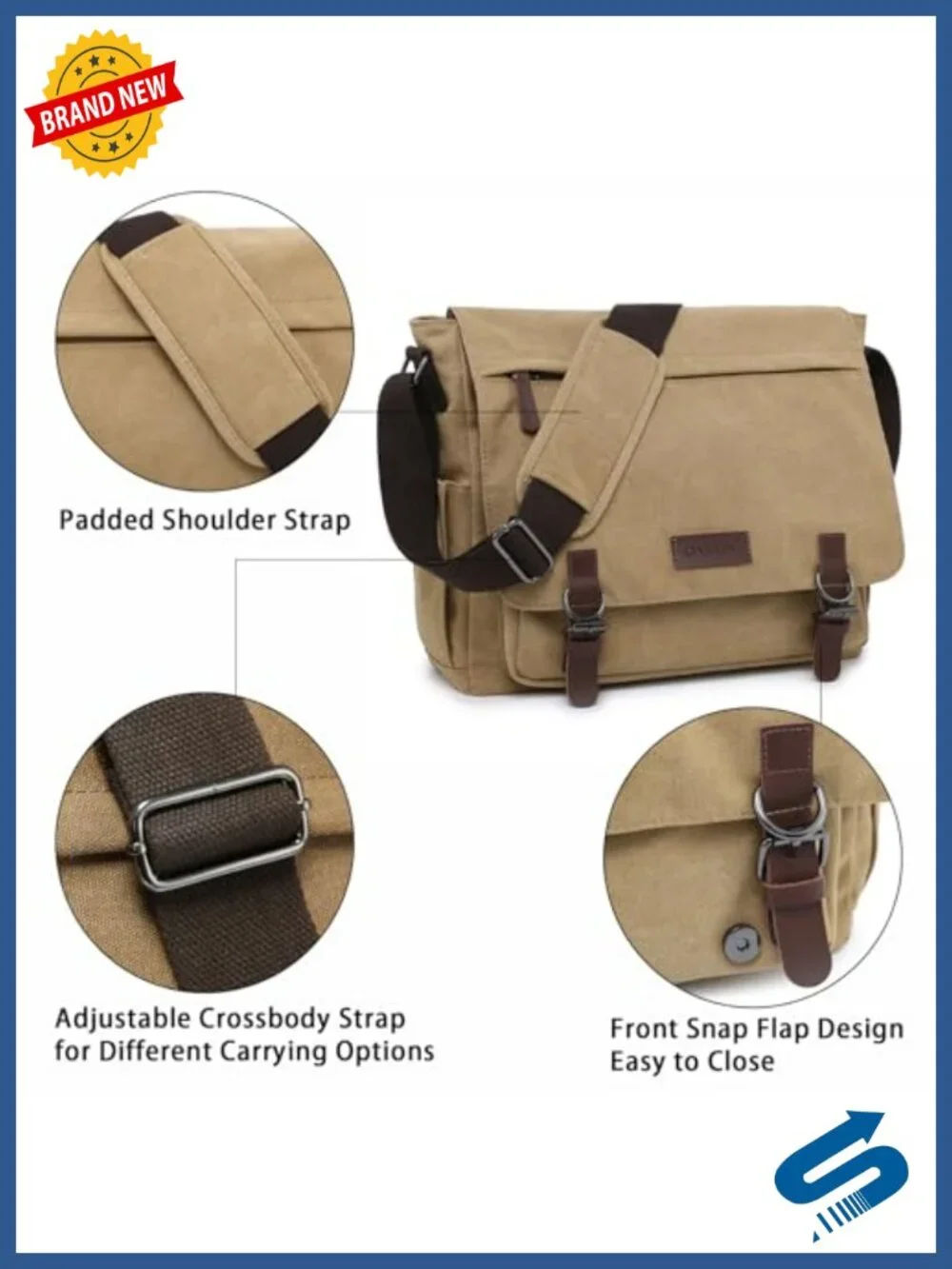 Vintage Canvas Messenger Bag for 15-Inch Laptop Travel Crossbody